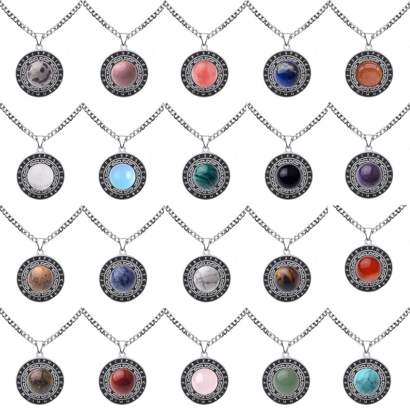 Stainless Steel Circular Necklace Natural Gemstone Cabs Pendant With 50CM Chain