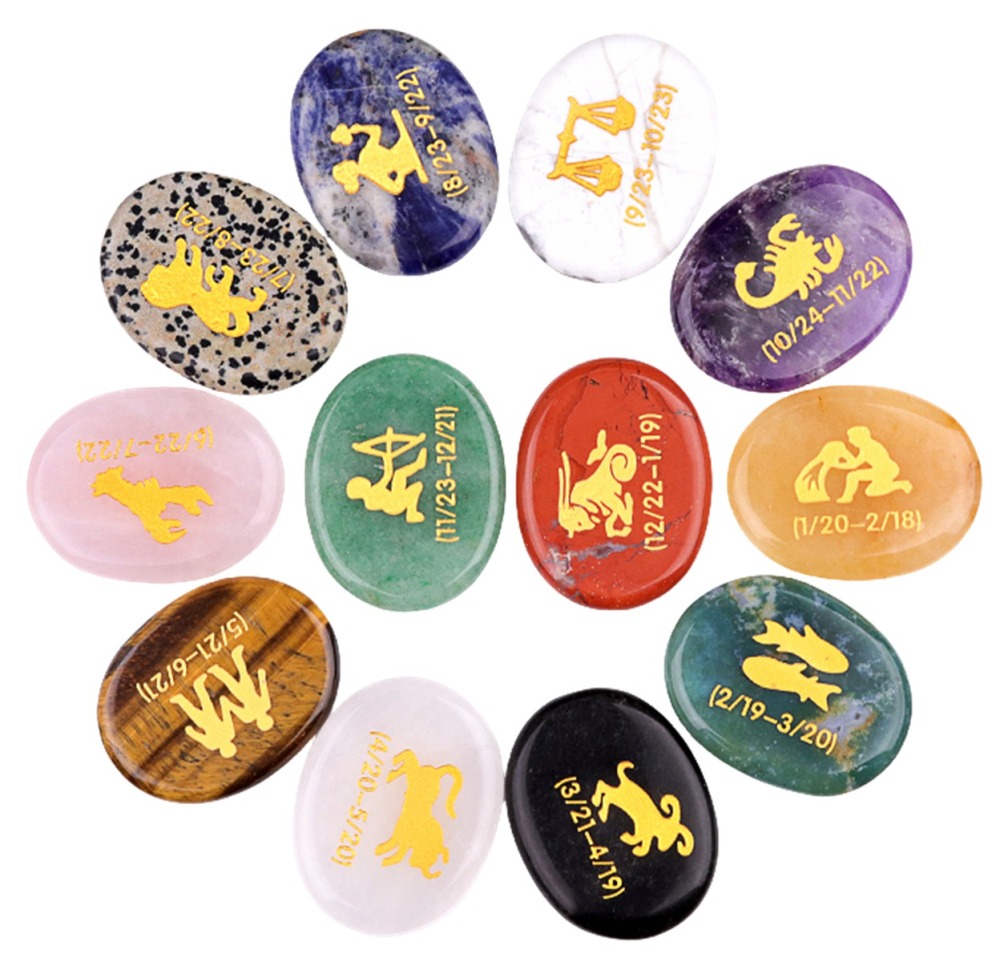 Zodiac or Horoscope Symbols Engraved Stones (Set of 12) for Reiki Healing Meditation Balancing Worry Gemstone Pocket