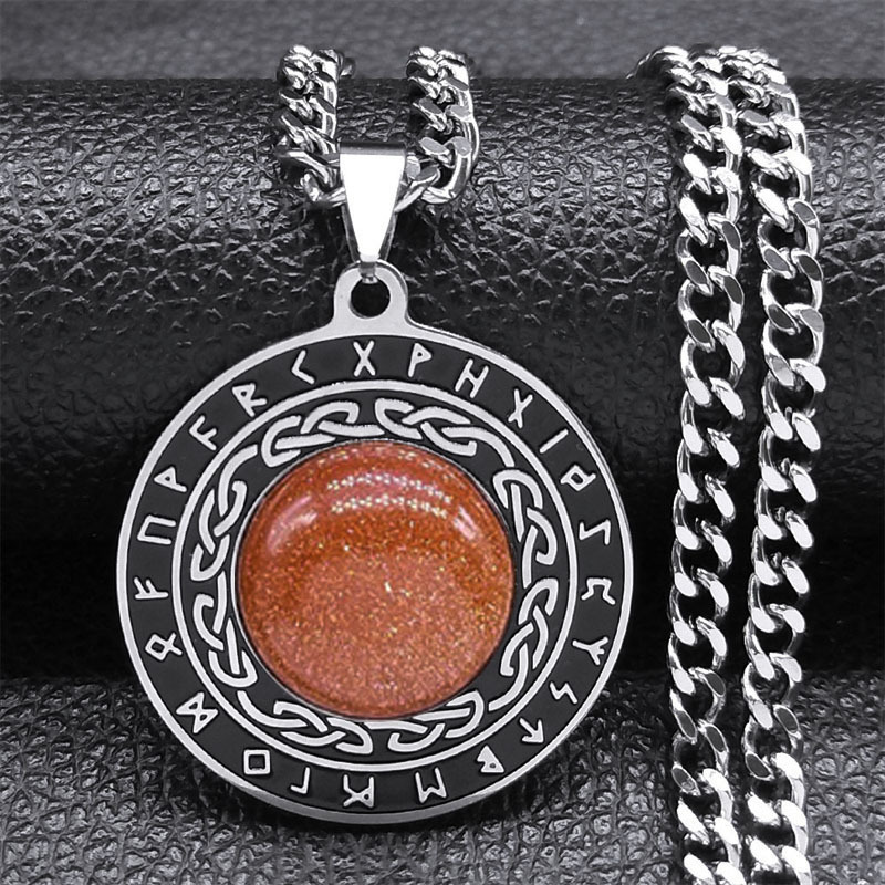 Stainless Steel Circular Necklace Natural Gemstone Cabs Pendant With 50CM Chain