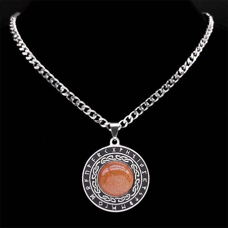 Stainless Steel Circular Necklace Natural Gemstone Cabs Pendant With 50CM Chain