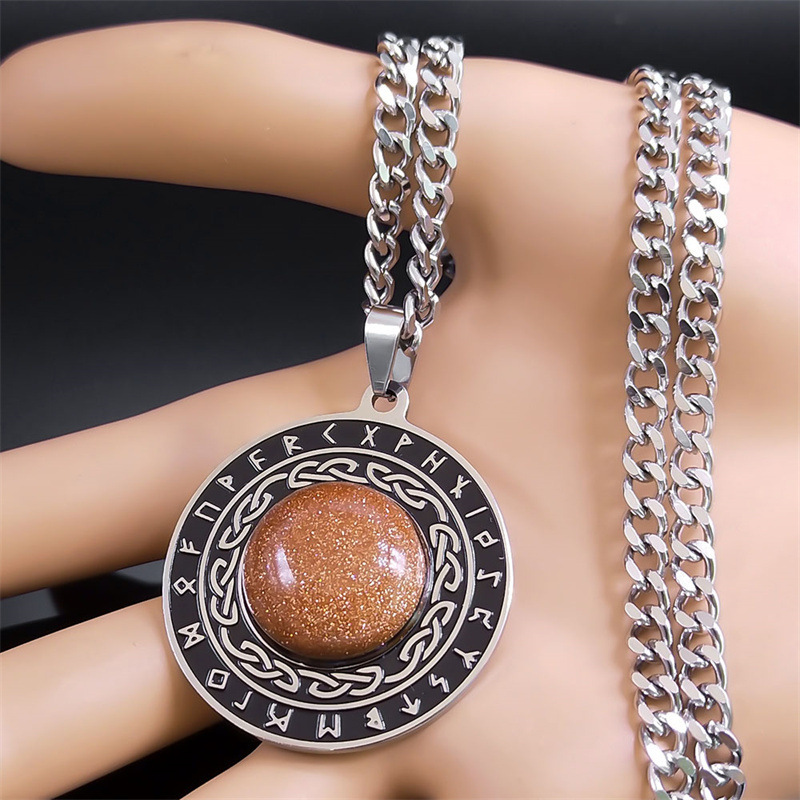 Stainless Steel Circular Necklace Natural Gemstone Cabs Pendant With 50CM Chain