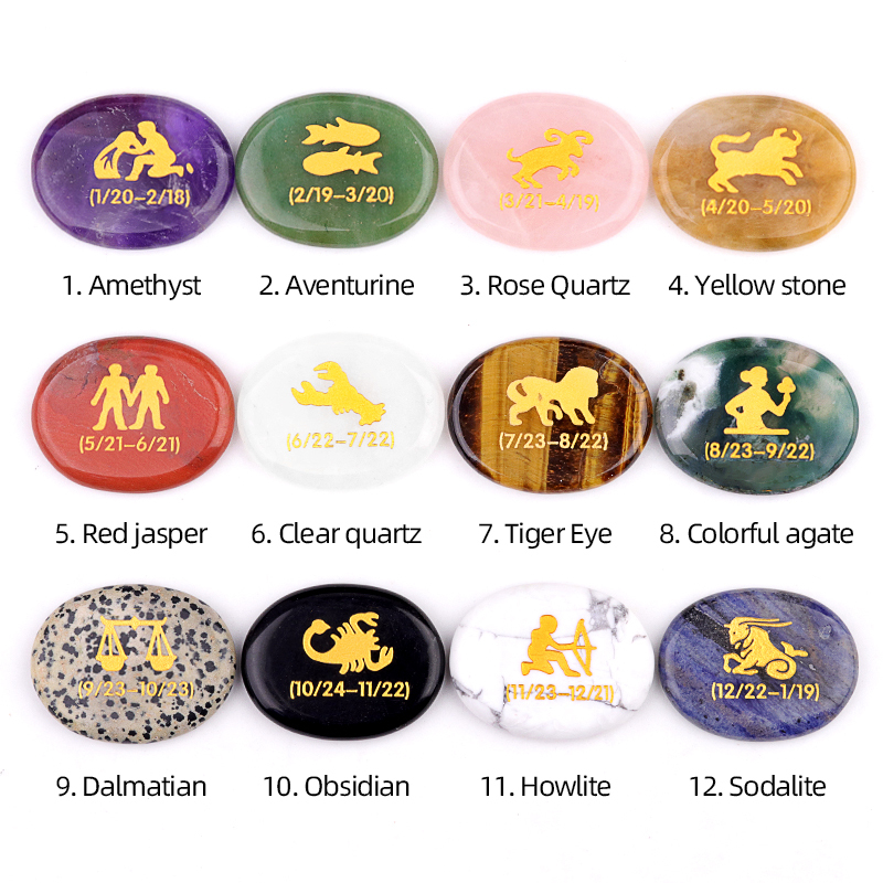 Zodiac or Horoscope Symbols Engraved Stones (Set of 12) for Reiki Healing Meditation Balancing Worry Gemstone Pocket