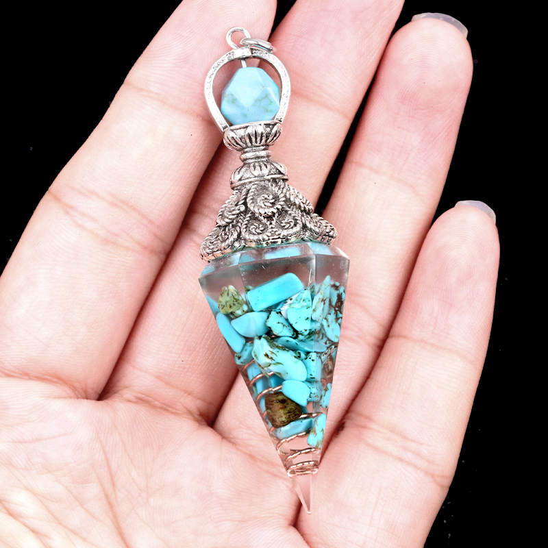 Chip Stone Resin Hexagonal Cone Antique Silver Pendulum Pendant(approx 20x40mm) for making jewelry