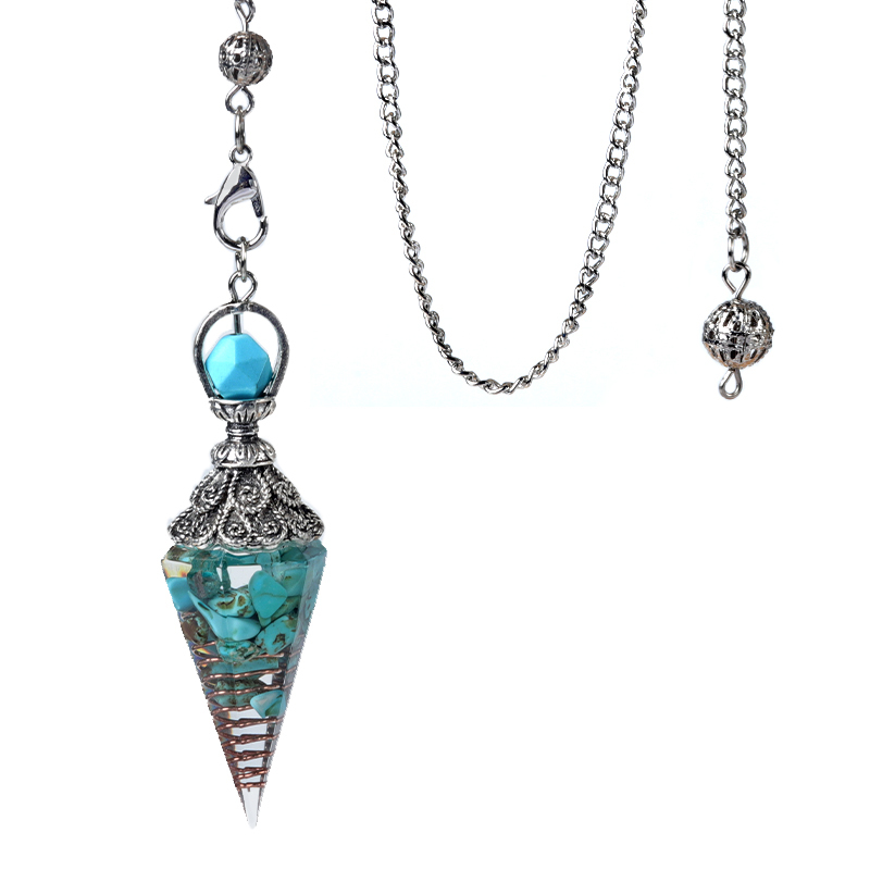 Chip Stone Resin Hexagonal Cone Antique Silver Pendulum Pendant with 7 Chakra Chain