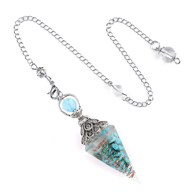 Chip Stone Resin Hexagonal Cone Antique Silver Pendulum Pendant with 7 Chakra Chain
