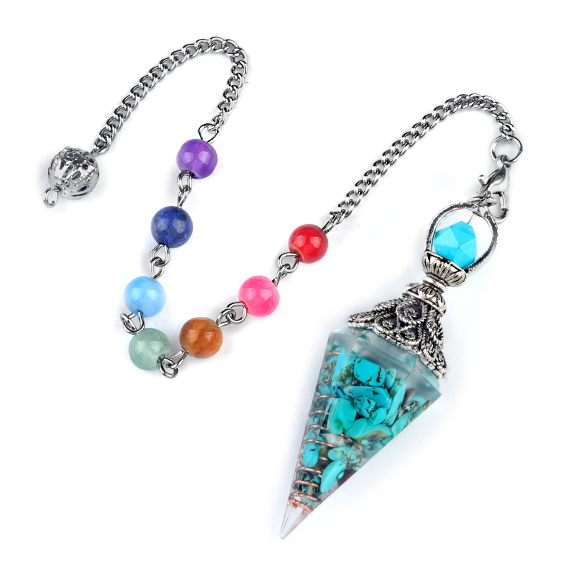 Chip Stone Resin Hexagonal Cone Antique Silver Pendulum Pendant with 7 Chakra Chain