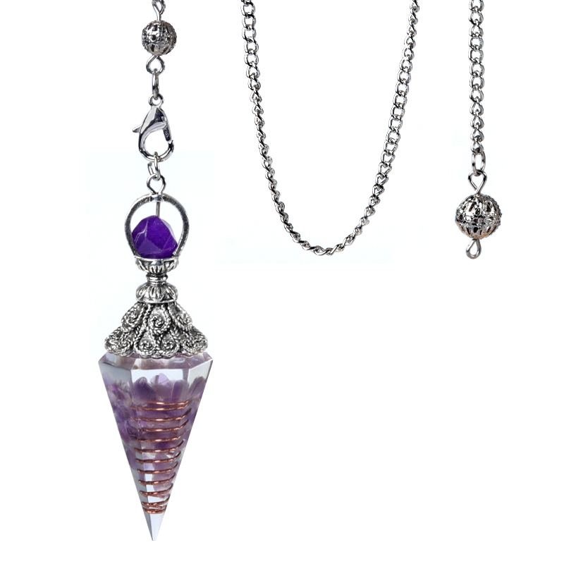 Chip Stone Resin Hexagonal Cone Antique Silver Pendulum Pendant with 7 Chakra Chain