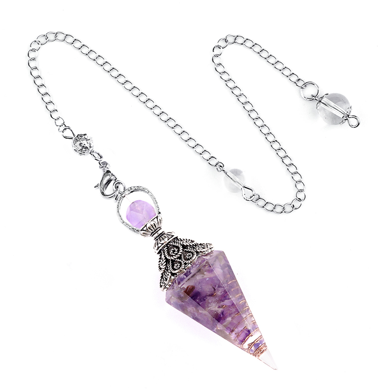Chip Stone Resin Hexagonal Cone Antique Silver Pendulum Pendant with 7 Chakra Chain
