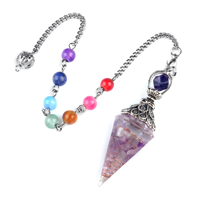 Chip Stone Resin Hexagonal Cone Antique Silver Pendulum Pendant with 7 Chakra Chain