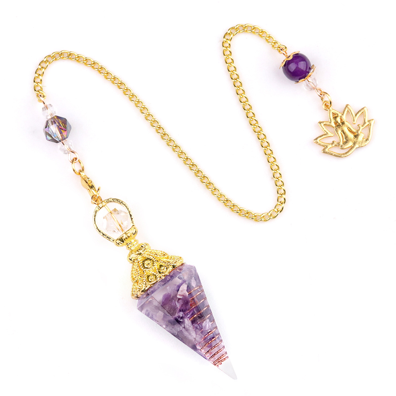 Chip Stone Resin Hexagonal Cone Gold Pendulum Pendant with Lotus Chain