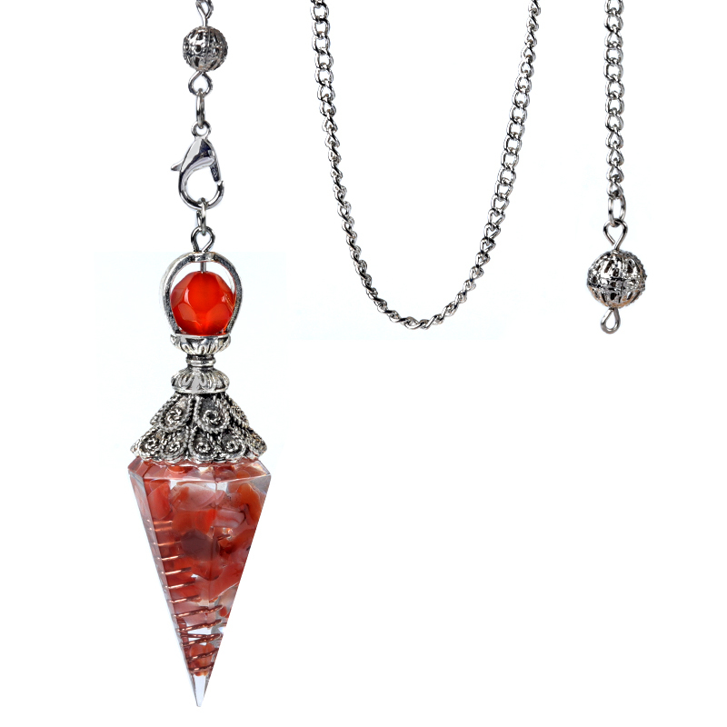 Chip Stone Resin Hexagonal Cone Antique Silver Pendulum Pendant with 7 Chakra Chain