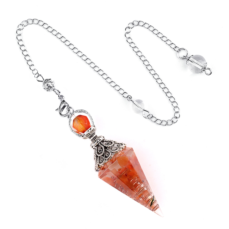 Chip Stone Resin Hexagonal Cone Antique Silver Pendulum Pendant with 7 Chakra Chain