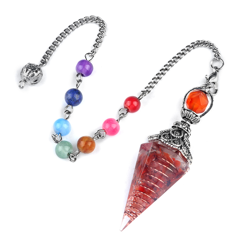 Chip Stone Resin Hexagonal Cone Antique Silver Pendulum Pendant with 7 Chakra Chain