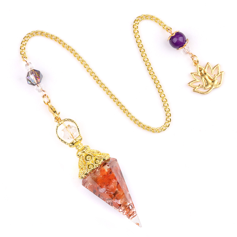 Chip Stone Resin Hexagonal Cone Gold Pendulum Pendant with Lotus Chain