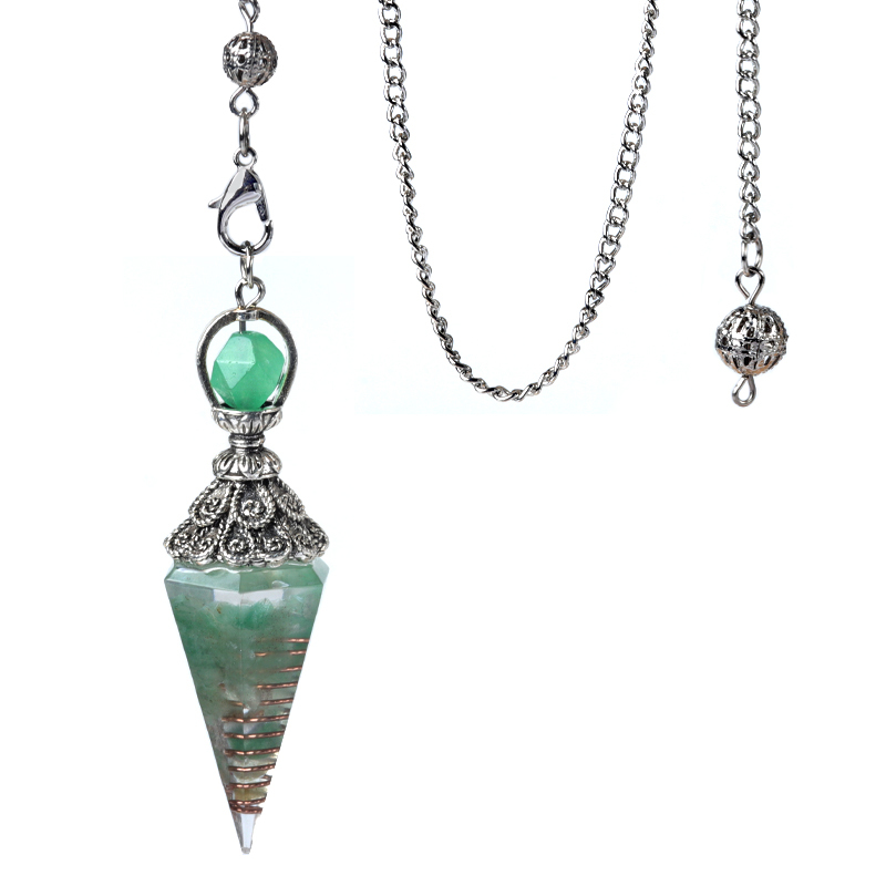 Chip Stone Resin Hexagonal Cone Antique Silver Pendulum Pendant with 7 Chakra Chain