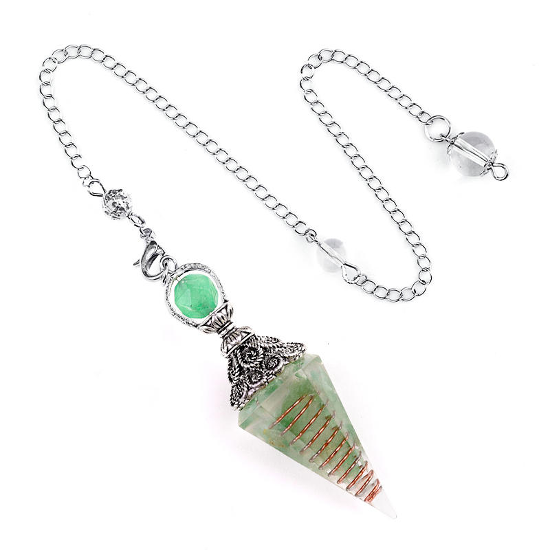 Chip Stone Resin Hexagonal Cone Antique Silver Pendulum Pendant with 7 Chakra Chain