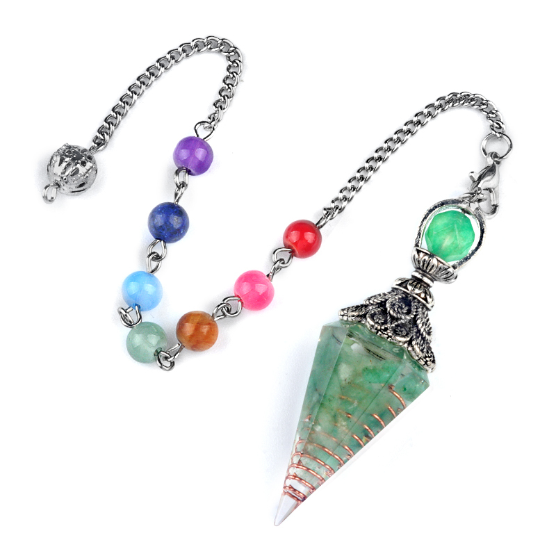 Chip Stone Resin Hexagonal Cone Antique Silver Pendulum Pendant with 7 Chakra Chain