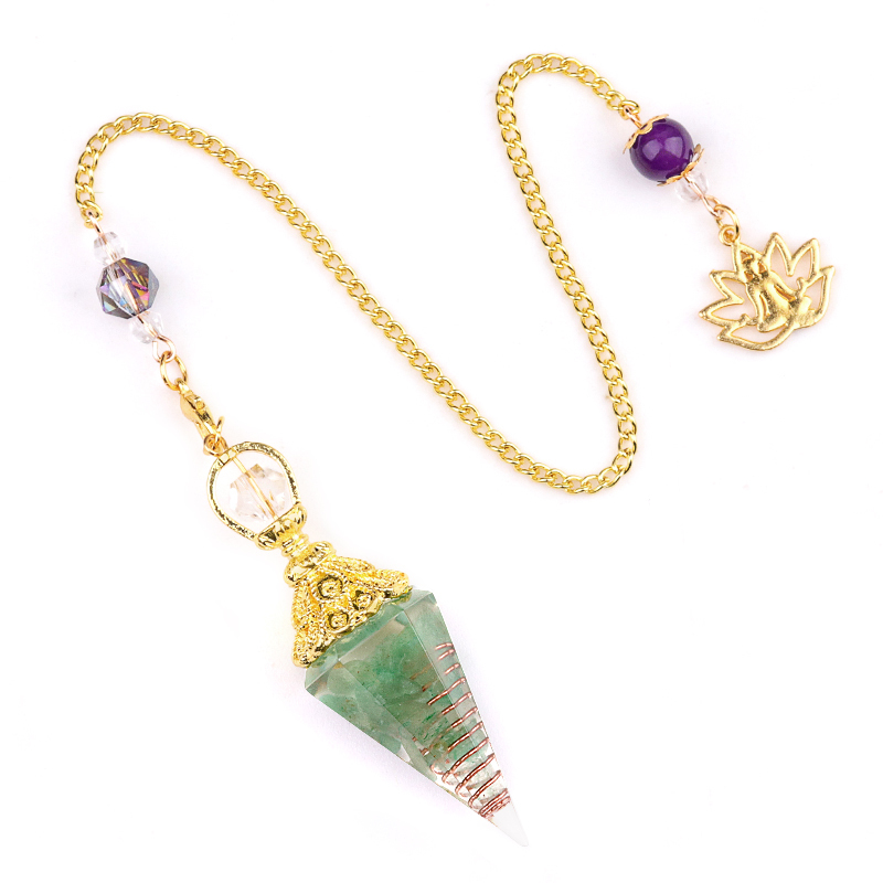Chip Stone Resin Hexagonal Cone Gold Pendulum Pendant with Lotus Chain