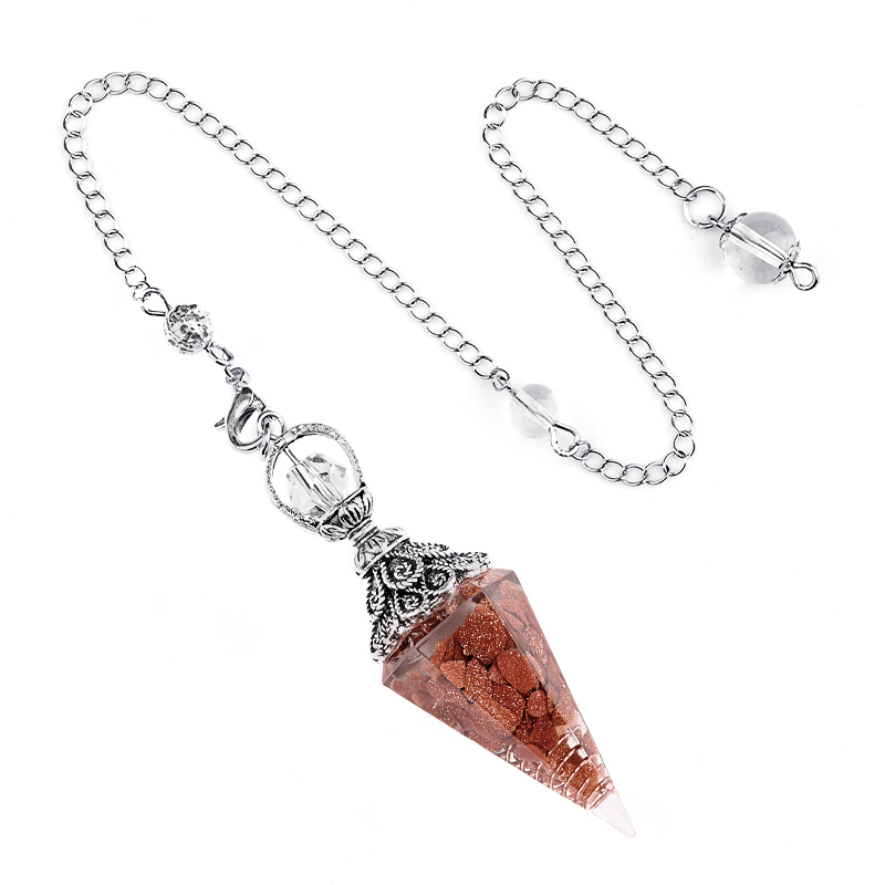 Chip Stone Resin Hexagonal Cone Antique Silver Pendulum Pendant with 7 Chakra Chain
