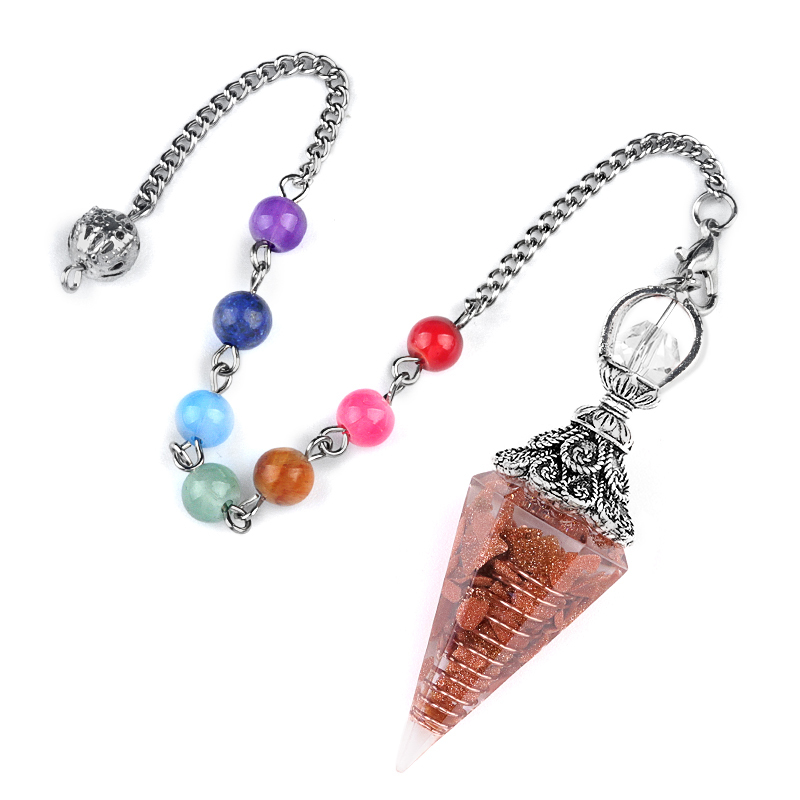 Chip Stone Resin Hexagonal Cone Antique Silver Pendulum Pendant with 7 Chakra Chain