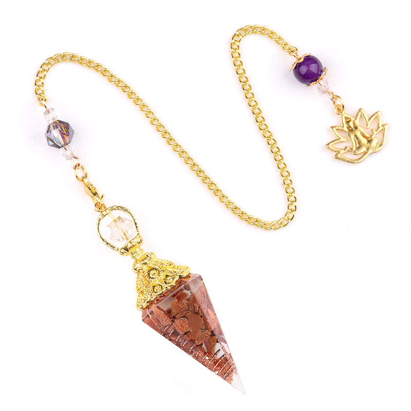 Chip Stone Resin Hexagonal Cone Gold Pendulum Pendant with Lotus Chain