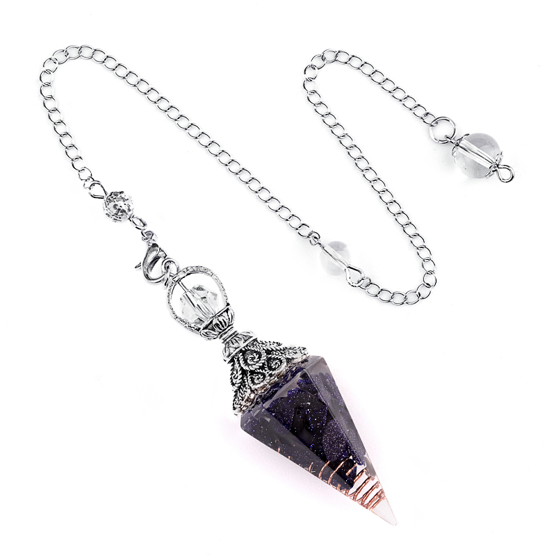 Chip Stone Resin Hexagonal Cone Antique Silver Pendulum Pendant with 7 Chakra Chain