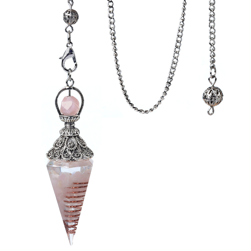 Chip Stone Resin Hexagonal Cone Antique Silver Pendulum Pendant with 7 Chakra Chain