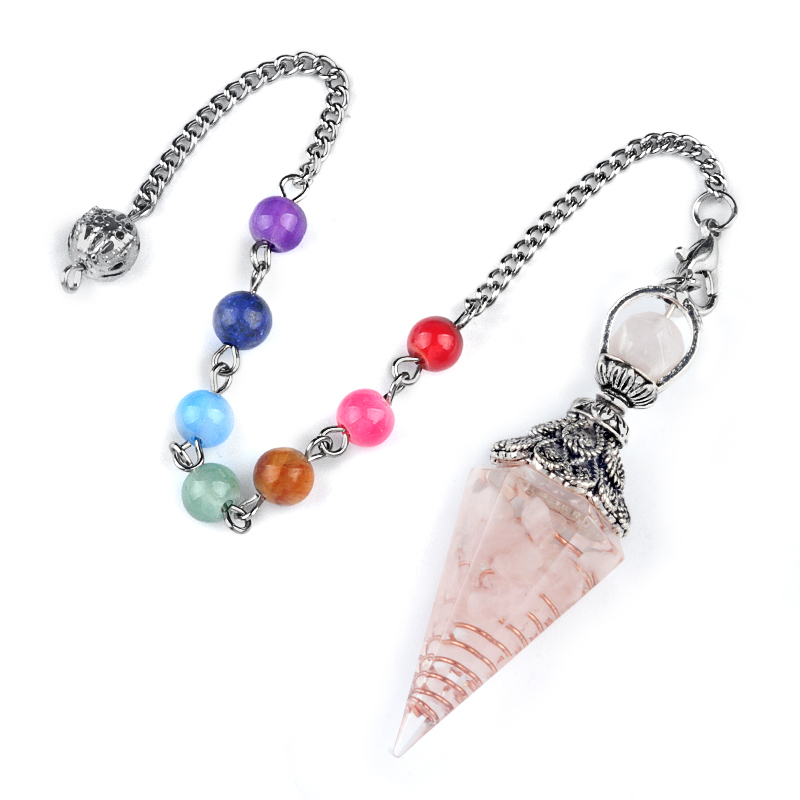 Chip Stone Resin Hexagonal Cone Antique Silver Pendulum Pendant with 7 Chakra Chain