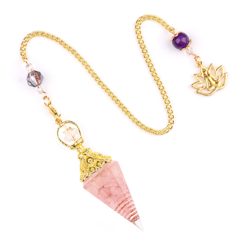 Chip Stone Resin Hexagonal Cone Gold Pendulum Pendant with Lotus Chain
