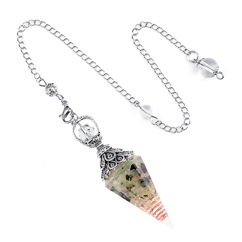 Chip Stone Resin Hexagonal Cone Antique Silver Pendulum Pendant with 7 Chakra Chain