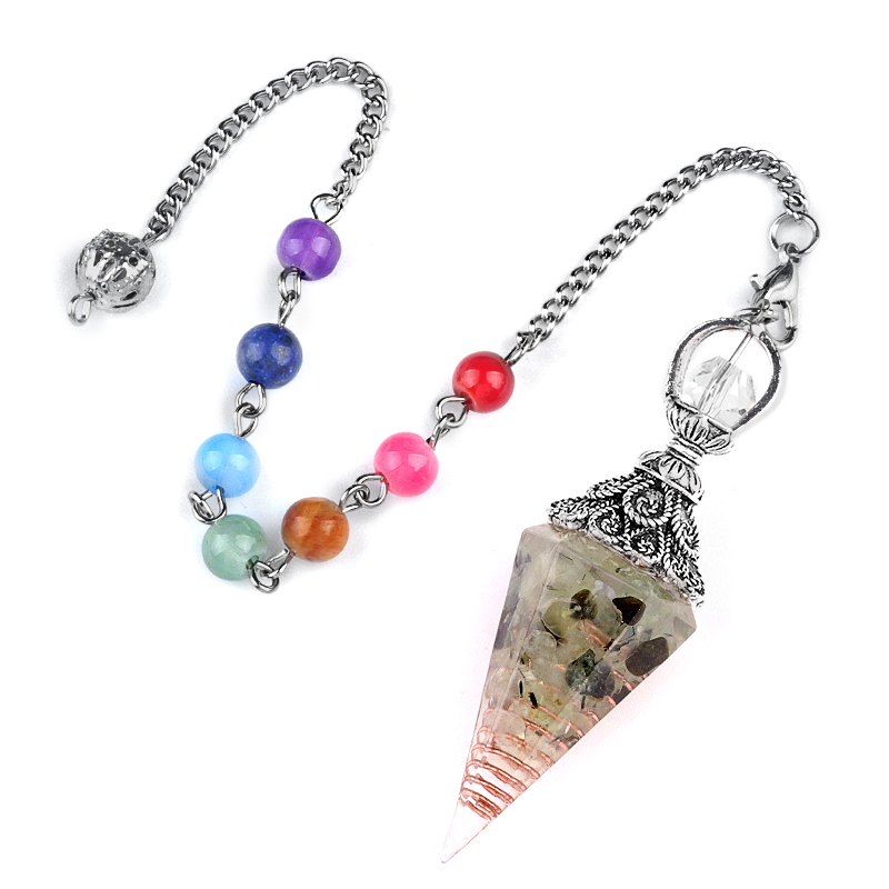 Chip Stone Resin Hexagonal Cone Antique Silver Pendulum Pendant with 7 Chakra Chain