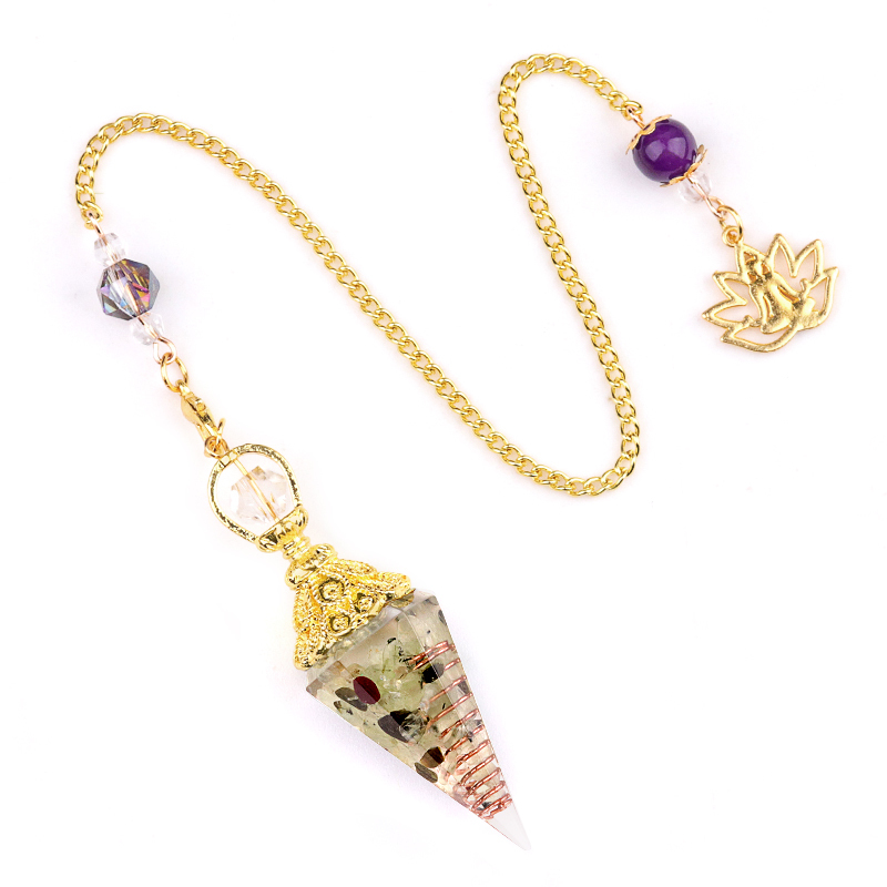 Chip Stone Resin Hexagonal Cone Gold Pendulum Pendant with Lotus Chain