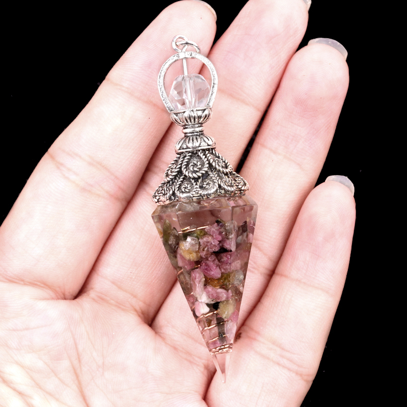 Chip Stone Resin Hexagonal Cone Antique Silver Pendulum Pendant with 7 Chakra Chain