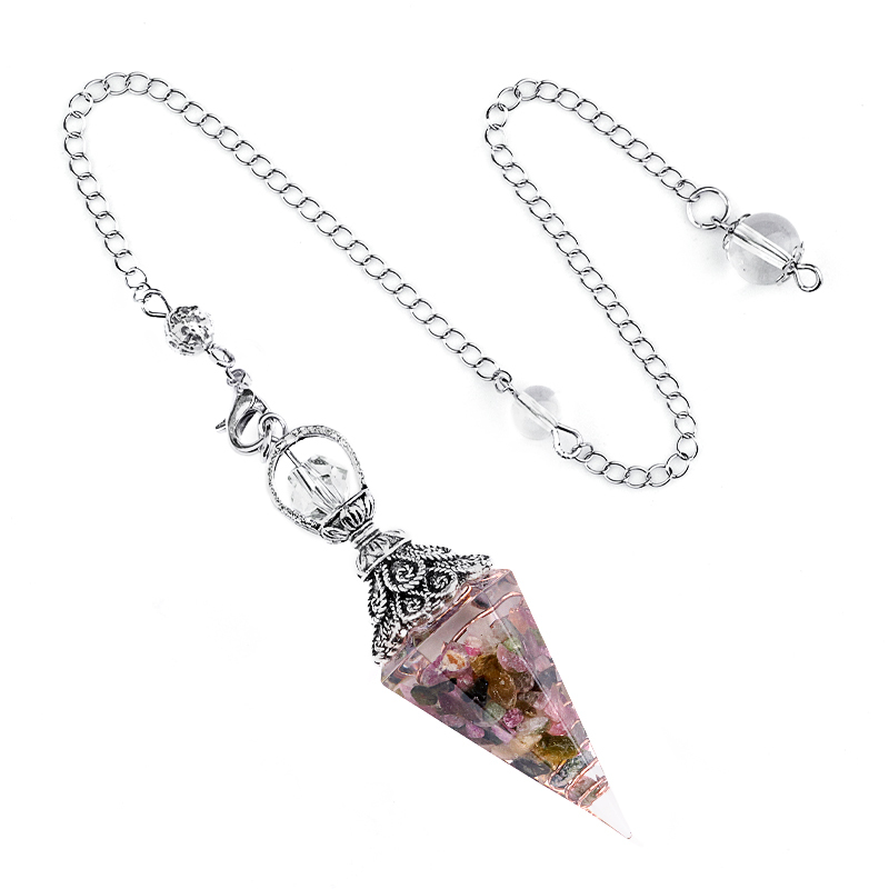 Chip Stone Resin Hexagonal Cone Antique Silver Pendulum Pendant with 7 Chakra Chain