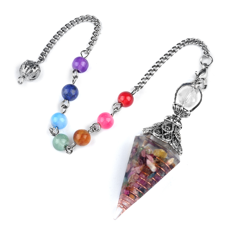 Chip Stone Resin Hexagonal Cone Antique Silver Pendulum Pendant with 7 Chakra Chain