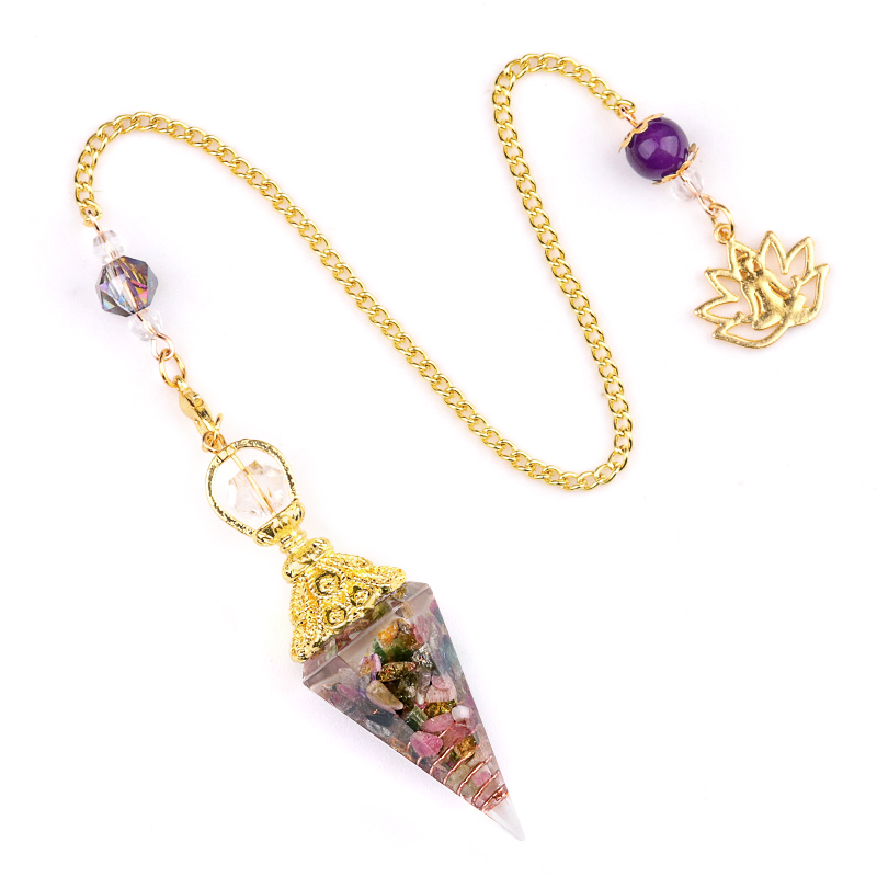 Chip Stone Resin Hexagonal Cone Gold Pendulum Pendant with Lotus Chain