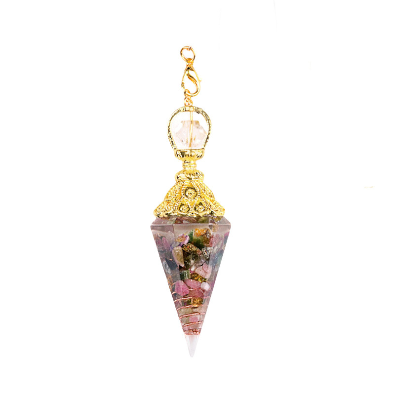 Chip Stone Resin Hexagonal Cone Gold Pendulum Pendant with Lotus Chain