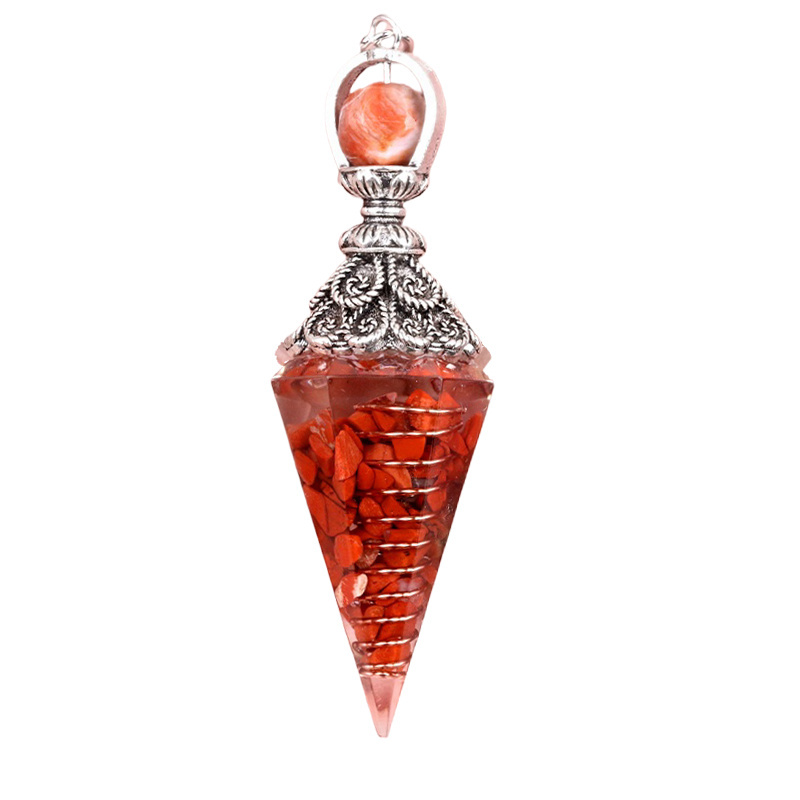 Chip Stone Resin Hexagonal Cone Antique Silver Pendulum Pendant with 7 Chakra Chain