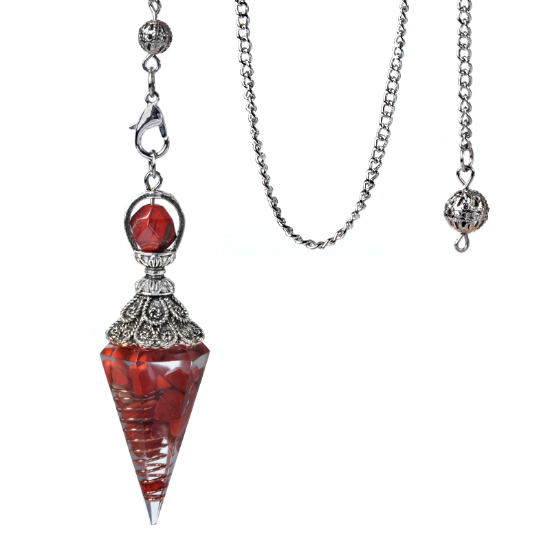 Chip Stone Resin Hexagonal Cone Antique Silver Pendulum Pendant with 7 Chakra Chain