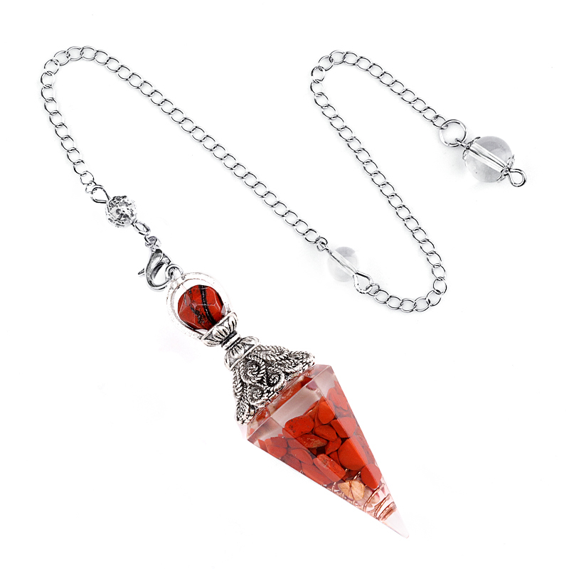 Chip Stone Resin Hexagonal Cone Antique Silver Pendulum Pendant with 7 Chakra Chain
