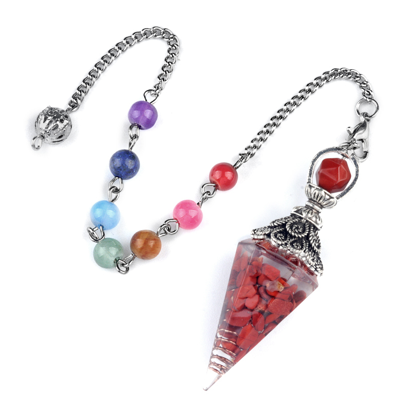 Chip Stone Resin Hexagonal Cone Antique Silver Pendulum Pendant with 7 Chakra Chain