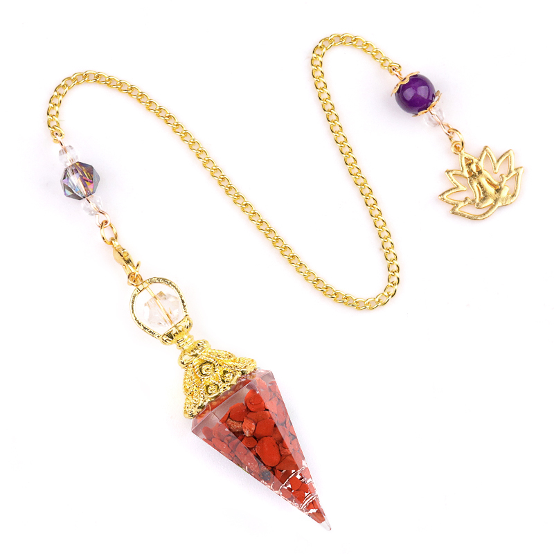 Chip Stone Resin Hexagonal Cone Gold Pendulum Pendant with Lotus Chain