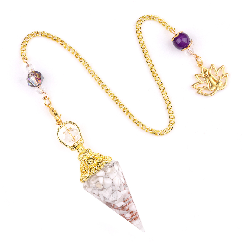 Chip Stone Resin Hexagonal Cone Gold Pendulum Pendant with Lotus Chain