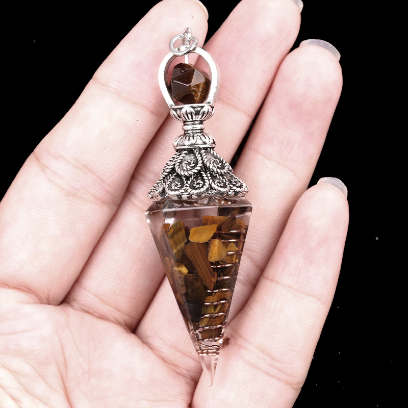 Chip Stone Resin Hexagonal Cone Antique Silver Pendulum Pendant with 7 Chakra Chain