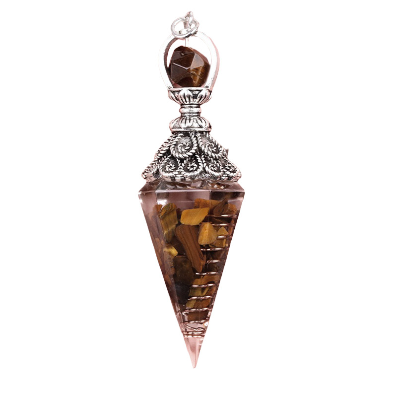 Chip Stone Resin Hexagonal Cone Antique Silver Pendulum Pendant with 7 Chakra Chain
