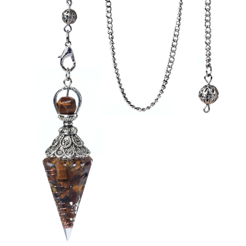 Chip Stone Resin Hexagonal Cone Antique Silver Pendulum Pendant with 7 Chakra Chain
