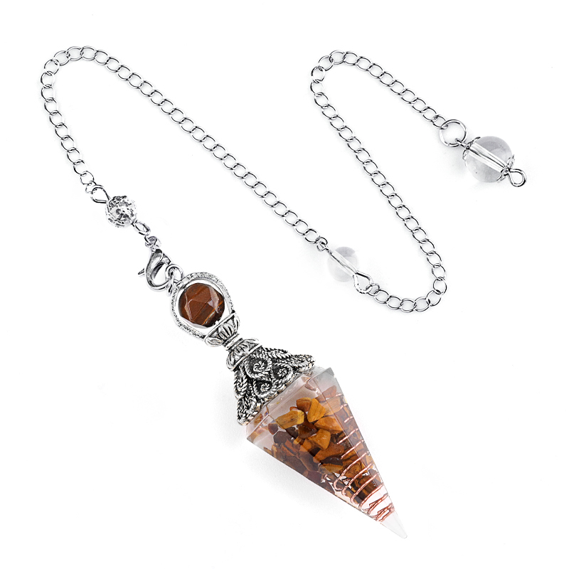 Chip Stone Resin Hexagonal Cone Antique Silver Pendulum Pendant with 7 Chakra Chain