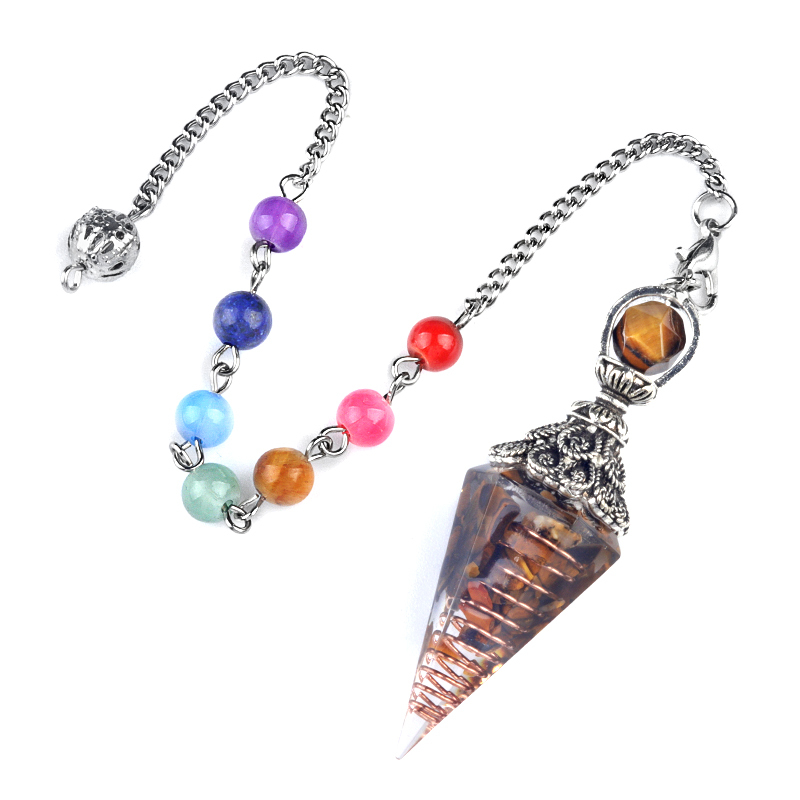 Chip Stone Resin Hexagonal Cone Antique Silver Pendulum Pendant with 7 Chakra Chain