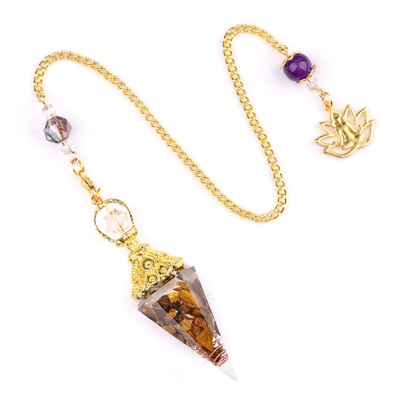 Chip Stone Resin Hexagonal Cone Gold Pendulum Pendant with Lotus Chain