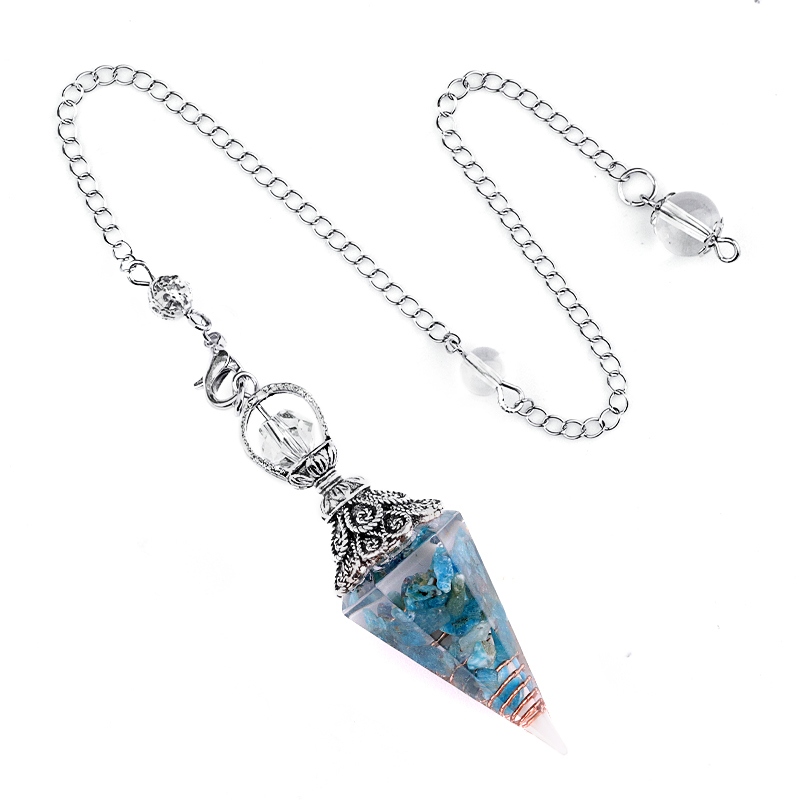 Chip Stone Resin Hexagonal Cone Antique Silver Pendulum Pendant with 7 Chakra Chain